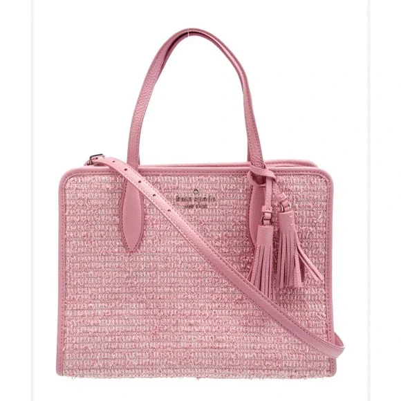 Kate Spade Rowe Summer Tweed Pink Raffia Leather Medium Satchel Bag NEW - Picture 2 of 16